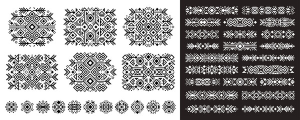 Navajo elements set in boho style on white and black. Abstract Aztec elements. National tribal pattern. Logo, symbol and background. 
