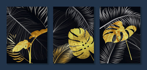 Luxury gold wallpaper.  Black and golden background. Tropical leaves wall art design with dark blue and green color, shiny golden light texture. Modern art mural wallpaper. Vector illustration.