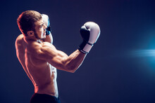 Shirtless Boxer With Gloves On Dark Background. Isolate