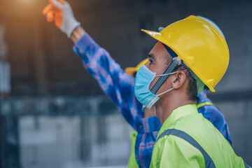 Aufkleber - Construction workers wear protective face masks for safety at construction site,Covid-19 Virus Protection concept.