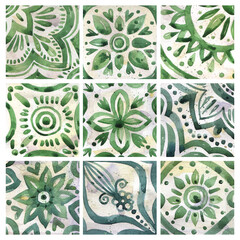 Set of watercolor illustrations - ceramic tile stylization with green ornaments. Azulejos portugal, Turkish ornament, Moroccan tile mosaic, Talavera ornament.