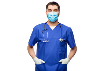 Canvas Print - healthcare, profession and medicine concept - doctor or male nurse in blue uniform, face protective medical mask for protection from virus disease and gloves over white background