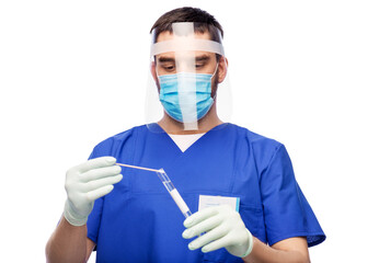 Sticker - healthcare, profession and medicine concept - doctor or male nurse in blue uniform, face protective medical mask, face shield and gloves with cotton swab and test tube over white background