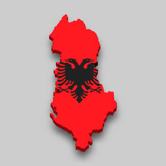 3d isometric Map of Albania with national flag.