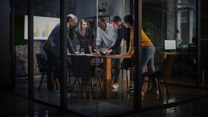 Aufkleber - Young Creative Team Meeting with Business Partners in Conference Room Behind Glass Walls in Agency. Colleagues Sit Behind Conference Table and Discuss Business Opportunities, Growth and Development.