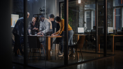 Aufkleber - Young Creative Team Meeting with Business Partners in Conference Room Behind Glass Walls in Agency. Colleagues Sit Behind Conference Table and Discuss Business Opportunities, Growth and Development.