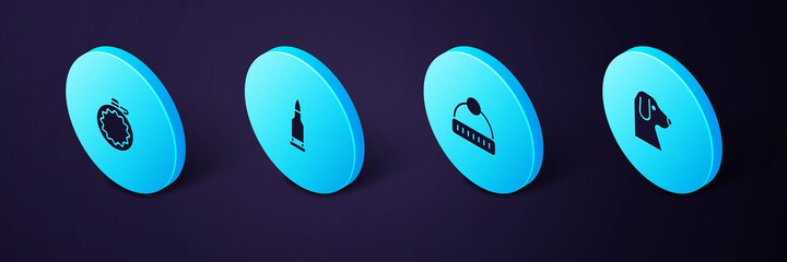 Sticker - Set Isometric Dog, Winter hat, Bullet and Canteen water bottle icon. Vector.