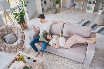 Poster - Top above high angle view full size photo of pretty couple lie sit couch read book use phone wait baby weekend indoors in house