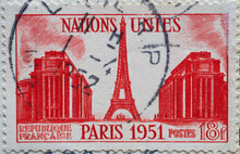 FRANCE - CIRCA 1951: A Postage Stamp Printed In France Showing A Drawing Of The Eiffel Tower Building Complex In Paris