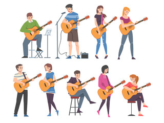 Canvas Print - Men and Women Playing Acoustic Guitar Set, Musician Guitarist Characters Performing at Concert Cartoon Style Vector Illustration