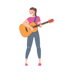 Sticker - Joyful Girl Wearing Casual Clothes Playing Acoustic Guitar, Female Musician Guitarist Character Performing at Concert Cartoon Style Vector Illustration