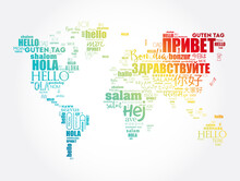 Hello In Different Languages Word Cloud World Map, Business Concept Background
