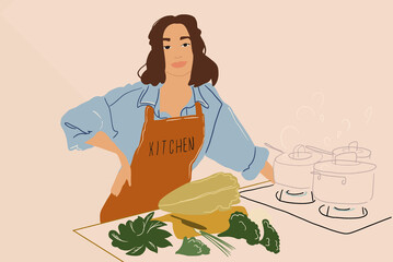 Portrait of cheerful woman with fresh ingredients in beautiful design kitchen interior. Housewife cooking healthy green lunch or dinner. Vector illustration