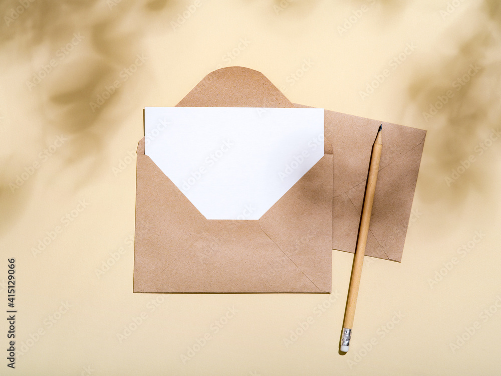 Empty Envelope Card White empty card with stationery set of envelopes and one pencil. Blank ...