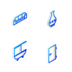 Sticker - Set Isometric line Vase, Sofa, Bathtub with shower curtain and Closed door icon. Vector.