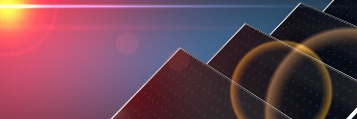 Closeup Of Solar Panels With Sunlight And Blue Sky Background 3d