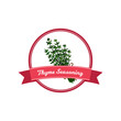 © Kseniia - Thyme seasoning logo with hand drawn elements. Vector illustration in colored sketch style isolated on white background