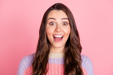 Poster - Photo of charming impressed young lady dressed striped pullover open mouth isolated pink color background