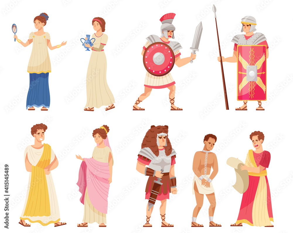 Romans Man and Woman in Traditional Ethnic Clothing with Warrior and Emperor Vector Illustration Set - obrazy, fototapety, plakaty 