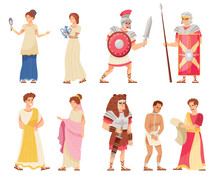 Romans Man And Woman In Traditional Ethnic Clothing With Warrior And Emperor Vector Illustration Set