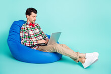Profile Photo Of Man Sit Bag Hold Laptop Look Screen Wear Checkered Shirt Tie Pants Isolated Blue Color Background
