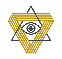 All Seeing Eye In Triangle Pyramid Vector Ancient Symbol In Modern Linear Style Isolated On White, Eye Of God, Masonic Sign, Secret Knowledge Illuminati.