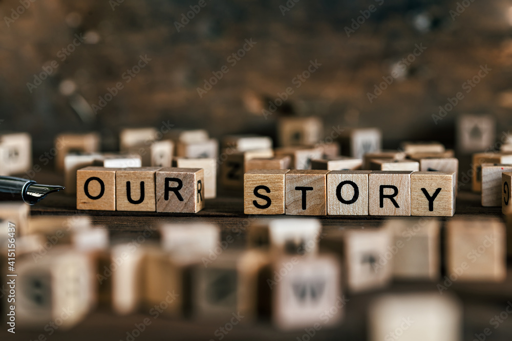 Tell us your story concept with wooden letters cubes - obrazy, fototapety, plakaty 