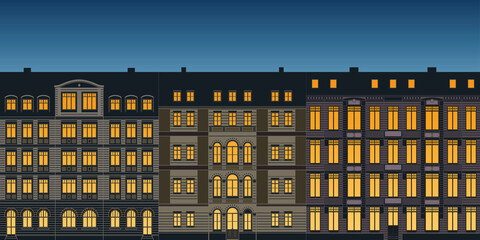 row of urban historical ancient town house facades colored illustration at night