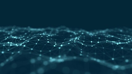 Abstract wave with moving dots and lines. Flow of particles. Cyber technology illustration. 3d rendering