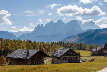 Poster - View towards Pale di San Martino, Focobon mountain range, in the Dolomites of Trentino, seen from alpe Fuciade in the southern Marmolada range. Italy.