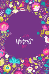 Wall Mural - Happy Womans Day Calligraphy Design on Floral Background. Vector illustration. Womans Day Greeting Calligraphy Design in Bright Colors. Template for a poster, cards, banner Vector illustration