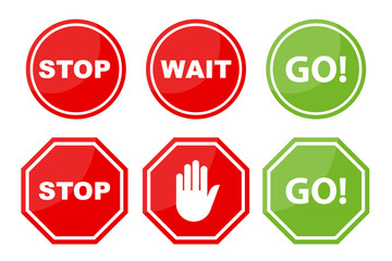 Sign stop, go and wait isolated on white background. Collection traffic signs. Vector illustration.