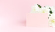 © Anastasia Lugovik - White chrysanthemums with space for greeting text on pink background. Card for Valentines, Mom, Women's day and 8 March. Copy space, mock up, banner.
