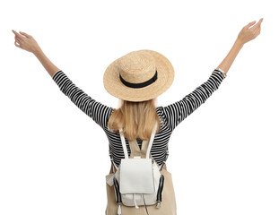 Wall Mural - Woman with backpack on white background, back view. Summer travel