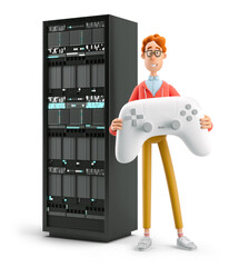 nerd larry guy is standing next to the server. 3d illustration. concept cloud gaming.