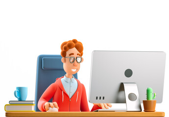 Nerd Larry sits at the table with a computer. 3d illustration.