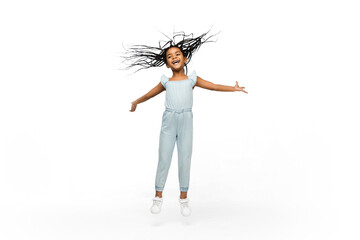 Wall Mural - Happy longhair brunette little girl isolated on white studio background with copyspace for ad. Looks happy, cheerful, sincere. Childhood, education, human emotions, facial expression concept.