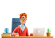 © bestpixels - Nerd Larry sits at the table with a laptop. 3d illustration.