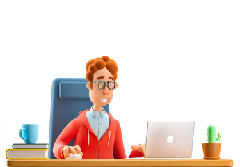 Nerd Larry sits at the table with a laptop. 3d illustration.