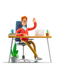 Wall Mural - Nerd Larry sits at the table with a laptop. 3d illustration.