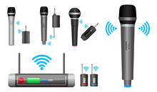 Set Of Realistic Wireless Microphone Or Microphone Transmitter Receiver Or Module Wireless Microphone Dual Channel Mic Concept. Eps 10 Vector, Easy To Modify