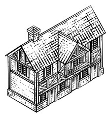 A medieval building map icon isometric illustration in a vintage retro engraved woodcut etching style