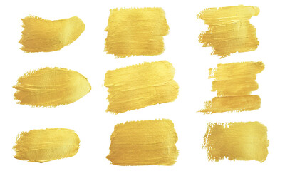 Gold paint stroke set. Gold brush abstract art illustration. Gold glittering design art brush stroke.
creative set yellow paint isolated collection. Design golden stroke effect brush color painting.