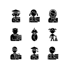 Sticker - Age and gender differences black glyph icons set on white space. Female and male student. Schoolgirl and schoolboy. Senior citizen. Preschooler. Silhouette symbols. Vector isolated illustration