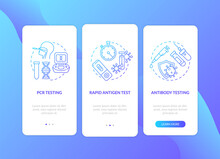 Coronavirus Testing Types Onboarding Mobile App Page Screen With Concepts. Viral Antigen Detection, Rapid Test Walkthrough 3 Steps Graphic Instructions. UI Vector Template With RGB Color Illustrations