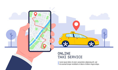 Wall Mural - man booking a car on smartphone with map. taxi app on the screen. taxi service concept. vector.