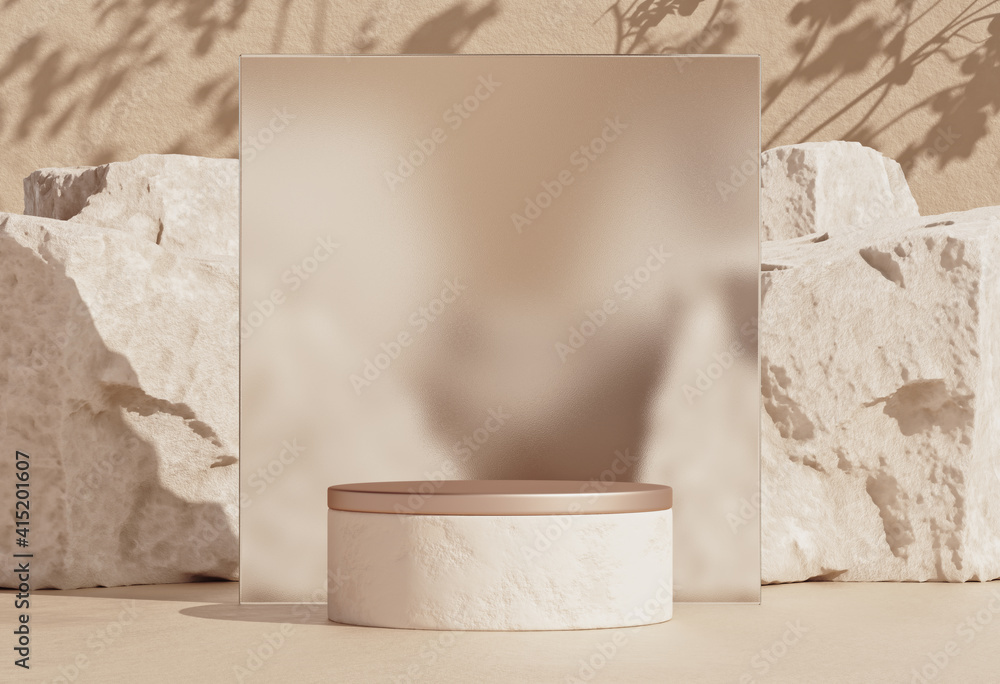 Mockup empty stone podium with rough glass frame. Minimal background for branding and product presentation. 3d rendering cosmetics, beauty product promotion pedestal. - obrazy, fototapety, plakaty 