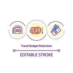 Travel budget reduction concept icon. Save on cost of employee business travel idea thin line illustration. Reduced corporate costs. Vector isolated outline RGB color drawing. Editable stroke