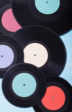 Music Records On Wooden Background. Retro Music Concept