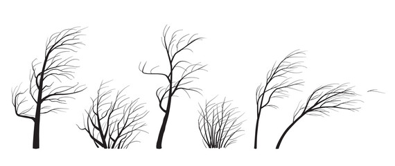 Wall Mural - Silhouette Set of Trees and Bushes Without Leaves in Wind